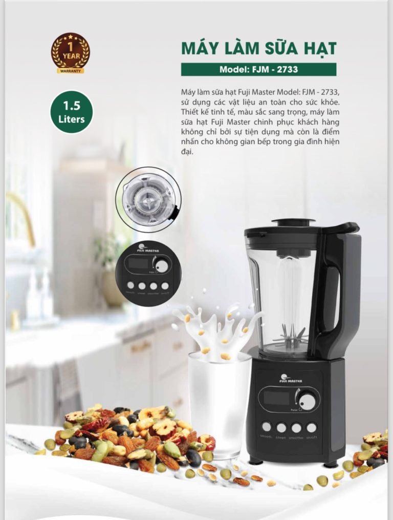 Máy làm sữa hạt Fuji Master Model: FJM - 2733, sử dụng các vật liệu an toàn cho sức khỏe. Thiết kế tinh tế, màu sắc sang trọng, máy làm sữa hạt Fuji Master chinh phục khách hàng không chỉ bởi sự tiện dụng mà còn là điểm nhấn cho không gian bếp trong gia đình hiện đại.
